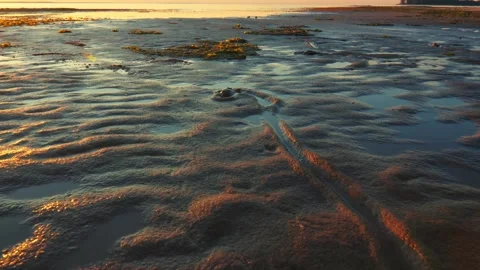 Wavy sandy bottom of the sea after low tide, illuminated by the orange and red Vidéo 249475747