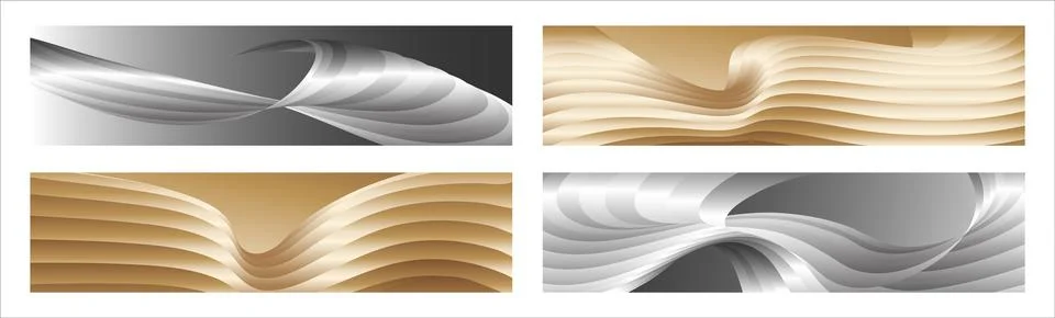 Wavy silver and gold parallel gradient lines, ribbons, silk. Set of 4 backg.. Stockillustratie
