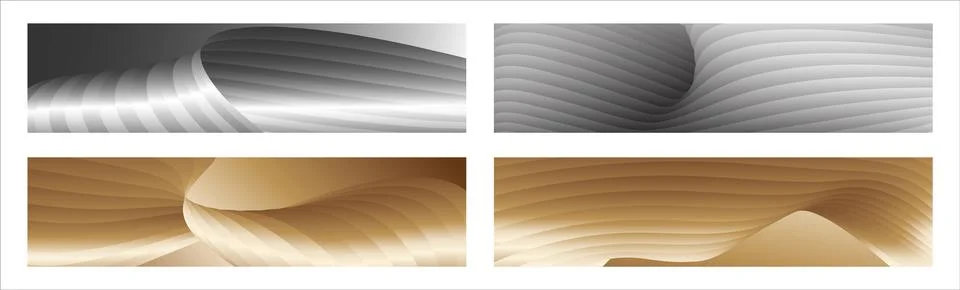 Wavy silver and gold parallel gradient lines, ribbons, silk. Set of 4 backg.. Stock Illustration