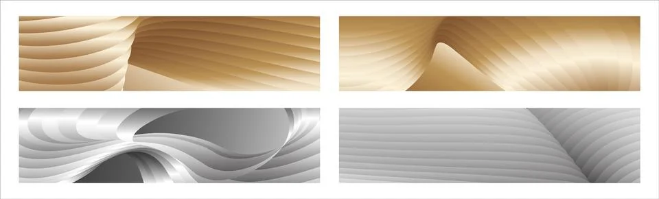 Wavy silver and gold parallel gradient lines, ribbons, silk. Set of 4 backg.. Stock Illustration