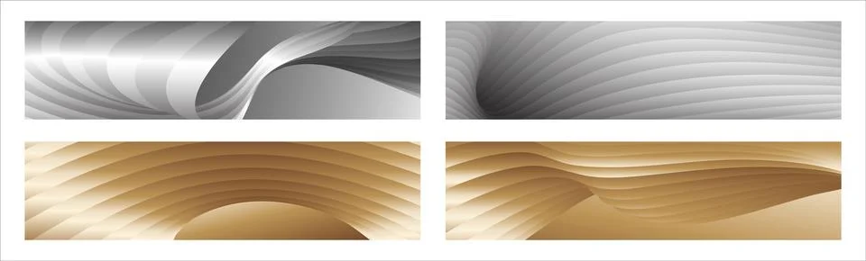 Wavy silver and gold parallel gradient lines, ribbons, silk. Set of 4 backg.. Stock Illustration