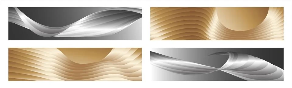 Wavy silver and gold parallel gradient lines, ribbons, silk. Set of 4 backg.. Stock Illustration