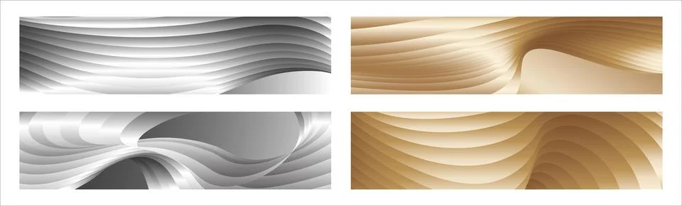 Wavy silver and gold parallel gradient lines, ribbons, silk. Set of 4 backg.. Stock Illustration