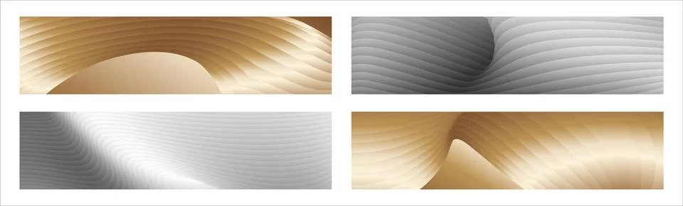 Wavy silver and gold parallel gradient lines, ribbons, silk. Set of 4 backg.. Stockillustratie