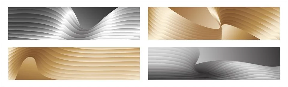 Wavy silver and gold parallel gradient lines, ribbons, silk. Set of 4 backg.. Stock Illustration