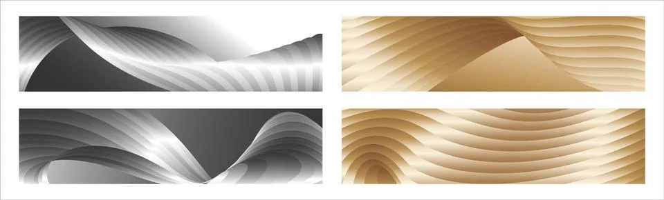 Wavy silver and gold parallel gradient lines, ribbons, silk. Set of 4 backg.. Stock Illustration