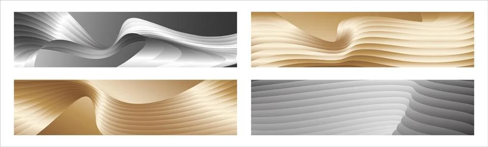 Wavy silver and gold parallel gradient lines, ribbons, silk. Set of 4 backg.. Illustrazione stock