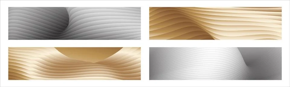 Wavy silver and gold parallel gradient lines, ribbons, silk. Set of 4 backg.. 库存插图