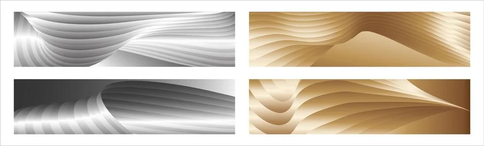 Wavy silver and gold parallel gradient lines, ribbons, silk. Set of 4 backg.. Stockillustratie
