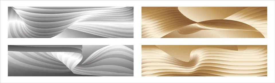 Wavy silver and gold parallel gradient lines, ribbons, silk. Set of 4 backg.. 库存插图