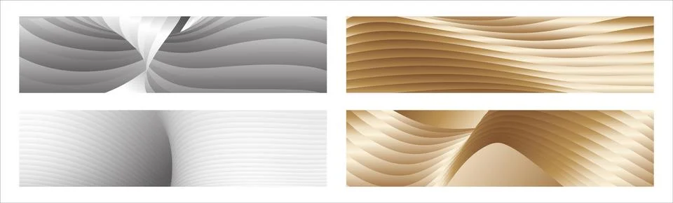 Wavy silver and gold parallel gradient lines, ribbons, silk. Set of 4 backg.. Stock Illustration