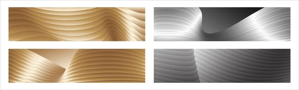 Wavy silver and gold parallel gradient lines, ribbons, silk. Set of 4 backg.. Stockillustratie
