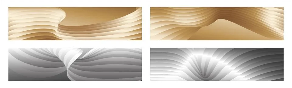 Wavy silver and gold parallel gradient lines, ribbons, silk. Set of 4 backg.. イラスト素材