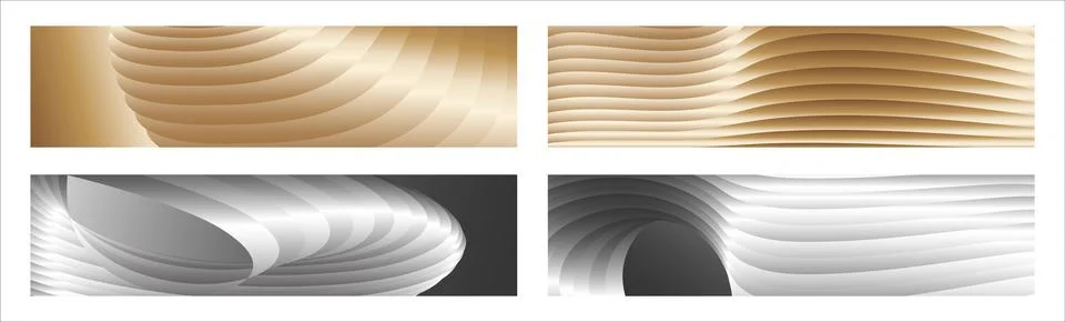 Wavy silver and gold parallel gradient lines, ribbons, silk. Set of 4 backg.. Stock Illustration