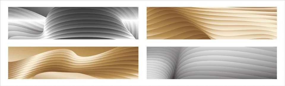 Wavy silver and gold parallel gradient lines, ribbons, silk. Set of 4 backg.. Stock Illustration