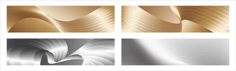 Wavy silver and gold parallel gradient lines, ribbons, silk. Set of 4 backg.. Stock Illustration