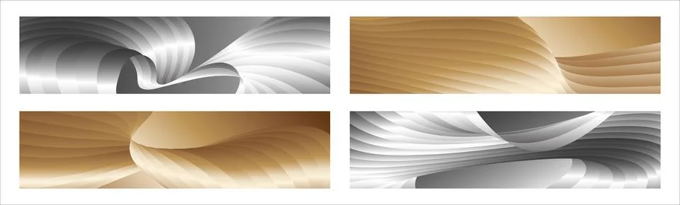 Wavy silver and gold parallel gradient lines, ribbons, silk. Set of 4 backg.. Stock Illustration