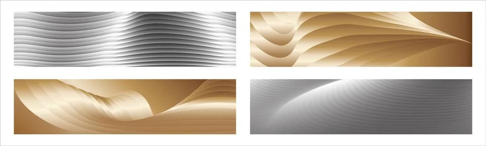 Wavy silver and gold parallel gradient lines, ribbons, silk. Set of 4 backg.. Illustration