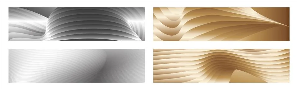 Wavy silver and gold parallel gradient lines, ribbons, silk. Set of 4 backg.. Stock Illustration