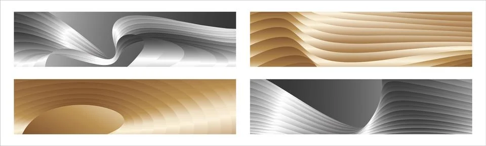 Wavy silver and gold parallel gradient lines, ribbons, silk. Set of 4 backg.. 库存插图