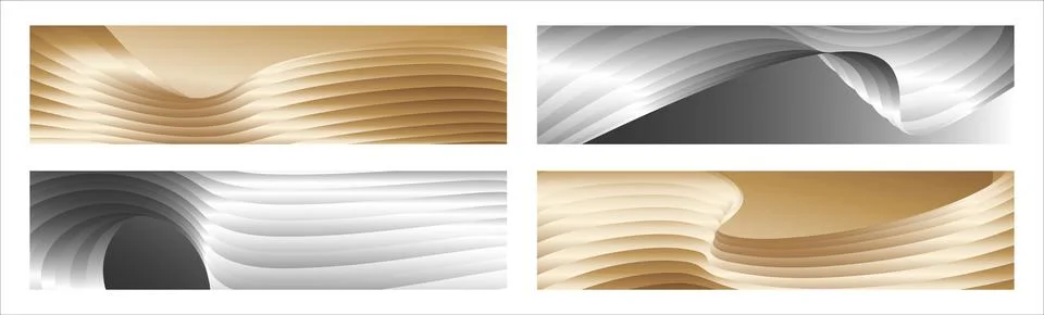 Wavy silver and gold parallel gradient lines, ribbons, silk. Set of 4 backg.. Stock Illustration
