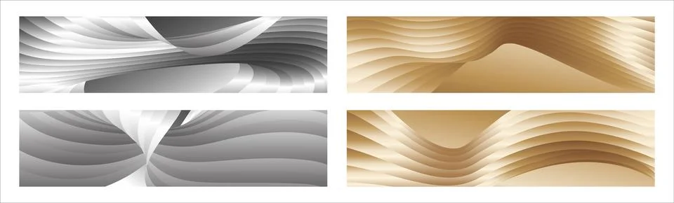 Wavy silver and gold parallel gradient lines, ribbons, silk. Set of 4 backg.. 库存插图