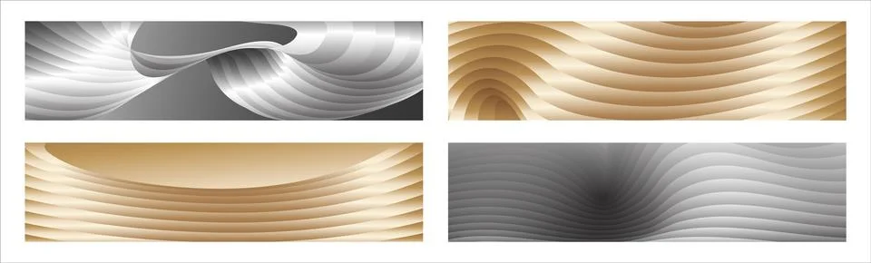 Wavy silver and gold parallel gradient lines, ribbons, silk. Set of 4 backg.. Stock Illustration