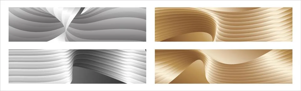 Wavy silver and gold parallel gradient lines, ribbons, silk. Set of 4 backg.. Stockillustratie
