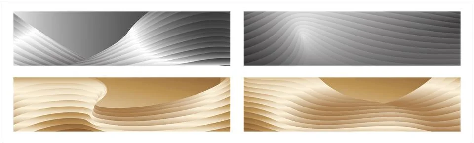 Wavy silver and gold parallel gradient lines, ribbons, silk. Set of 4 backg.. Illustrazione stock