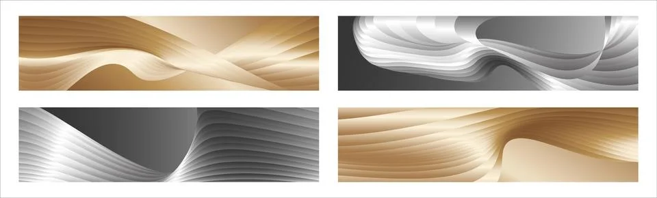 Wavy silver and gold parallel gradient lines, ribbons, silk. Set of 4 backg.. Stock Illustration