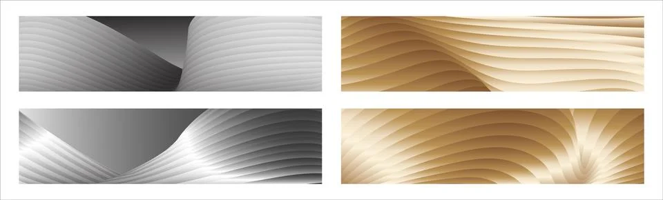 Wavy silver and gold parallel gradient lines, ribbons, silk. Set of 4 backg.. Stock Illustration
