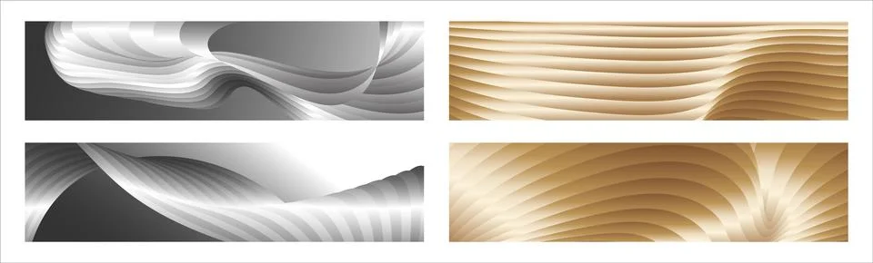 Wavy silver and gold parallel gradient lines, ribbons, silk. Set of 4 Stockillustratie