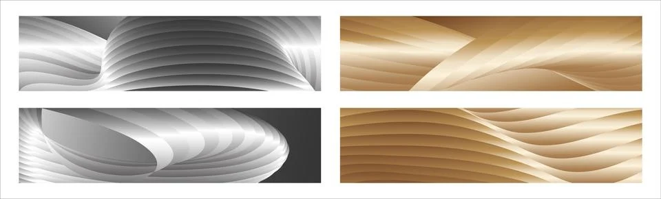Wavy silver and gold parallel gradient lines, ribbons, silk. Set of 4 backg.. Stock Illustration