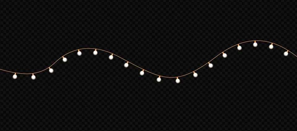 Wavy string of glowing white light bulbs on dark background Stock Illustration