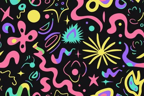 Wavy Swirl Trippy seamless pattern. Geometric bright color funky groovy 90s Stock-Illustration