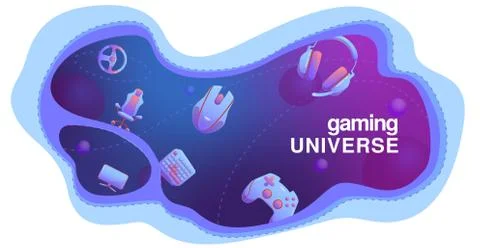 Wavy template with flat Gaming gadgets on modern blue and violet background like Stock Illustration