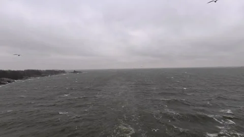 Wavy waters and Helsinki archipelago on a cloudy day, with gulls in flight. Vídeos de archivo 341953384