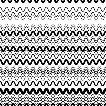 Wavy, zig-zag horizontal parallel lines. Abstract monochrome seamlessly repea 스톡 일러스트
