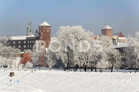 Wawel castle at wintery aura, krakow, poland Stock Photos