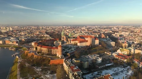 Wawel at Sunset Panoramic Circular Aerial Shot in Winter Stock Footage 300087779