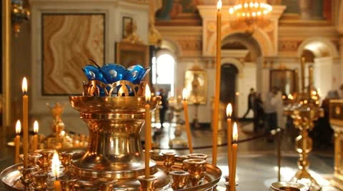 Wax candles in the church. The Russian Orthodox Church Stock Footage