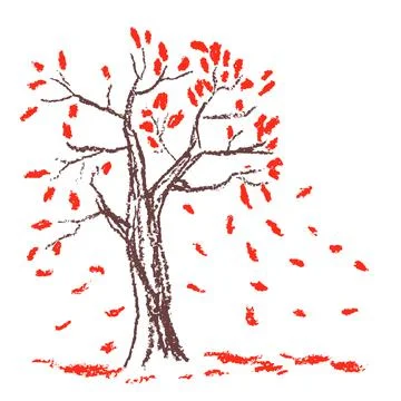 Wax crayon hand drawn autumn tree with red leaves. Hand painted on white. Stock Illustration