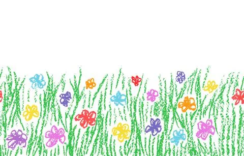 Wax crayon hand drawn green grass with color flower isolated on white. Stock Illustration