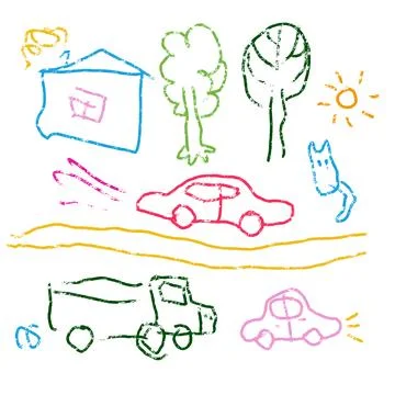 Wax crayon kid's drawn elements set - house, tree, cat, sun, car, truck isolated Stock Illustration