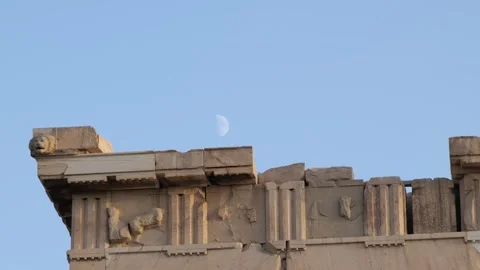 Waxing Moon in Blue Sky above the Acropolis in Athens Greece Time-Lapse Stock Footage 251640904