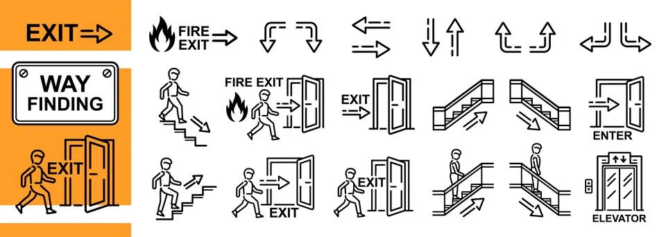 Way finding, exit door building, stair, escalator elevator, arrow path direction Ilustración de archivo