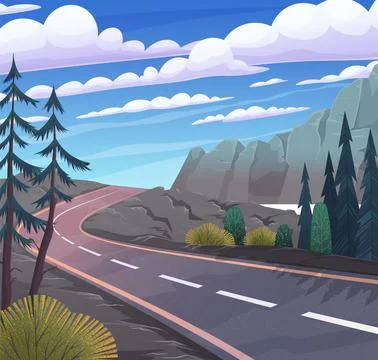 Way to mountaines. Asphalt empty road, curly winding empty highway in rocky Stock Illustration