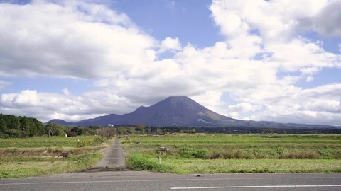 On the Way Road Trip View of Mountain Daisen, Clouds and Blue Sky, Tottori Japan Stock Footage 128943877