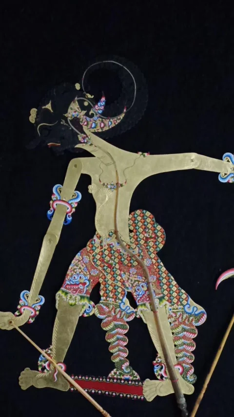 Wayang Kulit Bima Full Body - Gold Leather Shadow Puppet Stock Footage 344744708