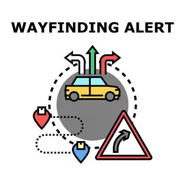 Wayfinding alert system guiding car travel route Stock Illustration